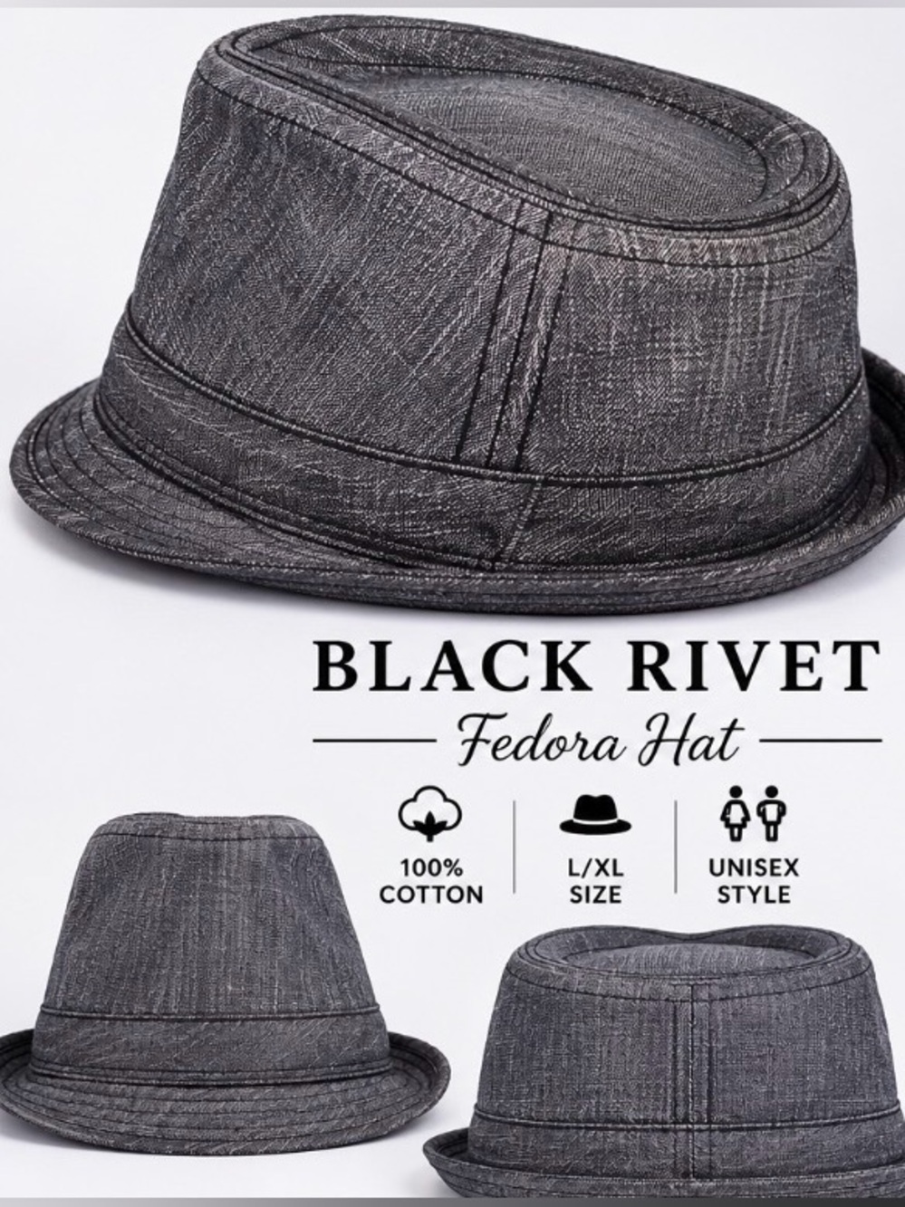 Black Rivet Gray Cotton Fedora Hat L/XL Y2K Streetwear